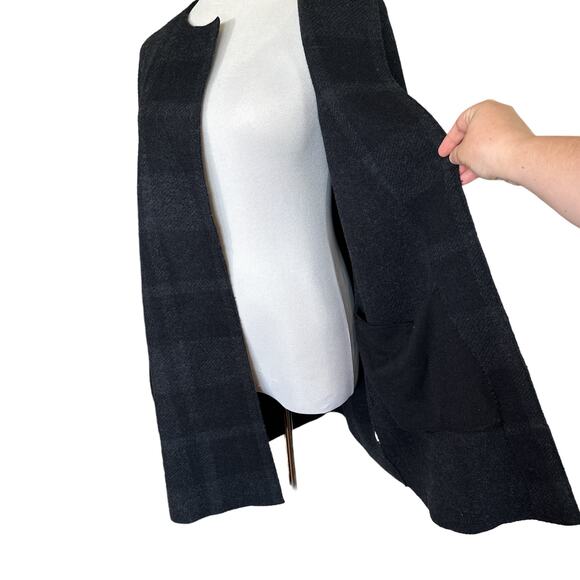 Eileen Fisher Plaid Merino Wool Open Front Long Jacket Cardigan Grey Black Small - Picture 6 of 11